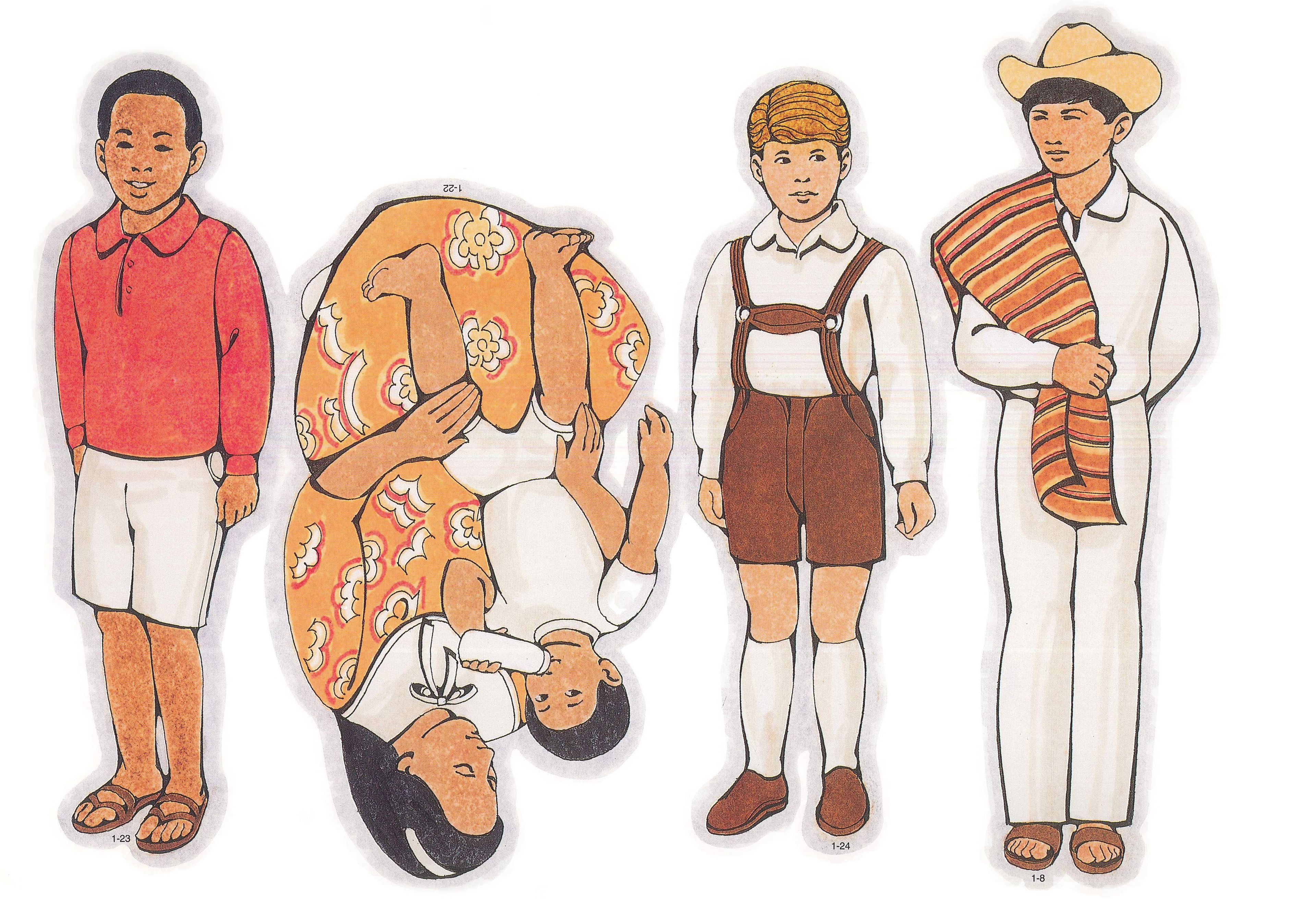 Primary Visual Aids: Cutouts 1-8, Mexican Teenager with Hat and Serape; 1-24, Boy from Germany; 1-22, Mother, Child; 1-23, Boy.