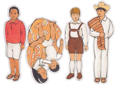 Primary cutouts of a Mexican teenager wearing a hat and serape, a boy from Germany, a mother feeding her child with a bottle, and a boy in a red shirt.