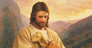 Christus houdt liefdevol een lam in zijn armen