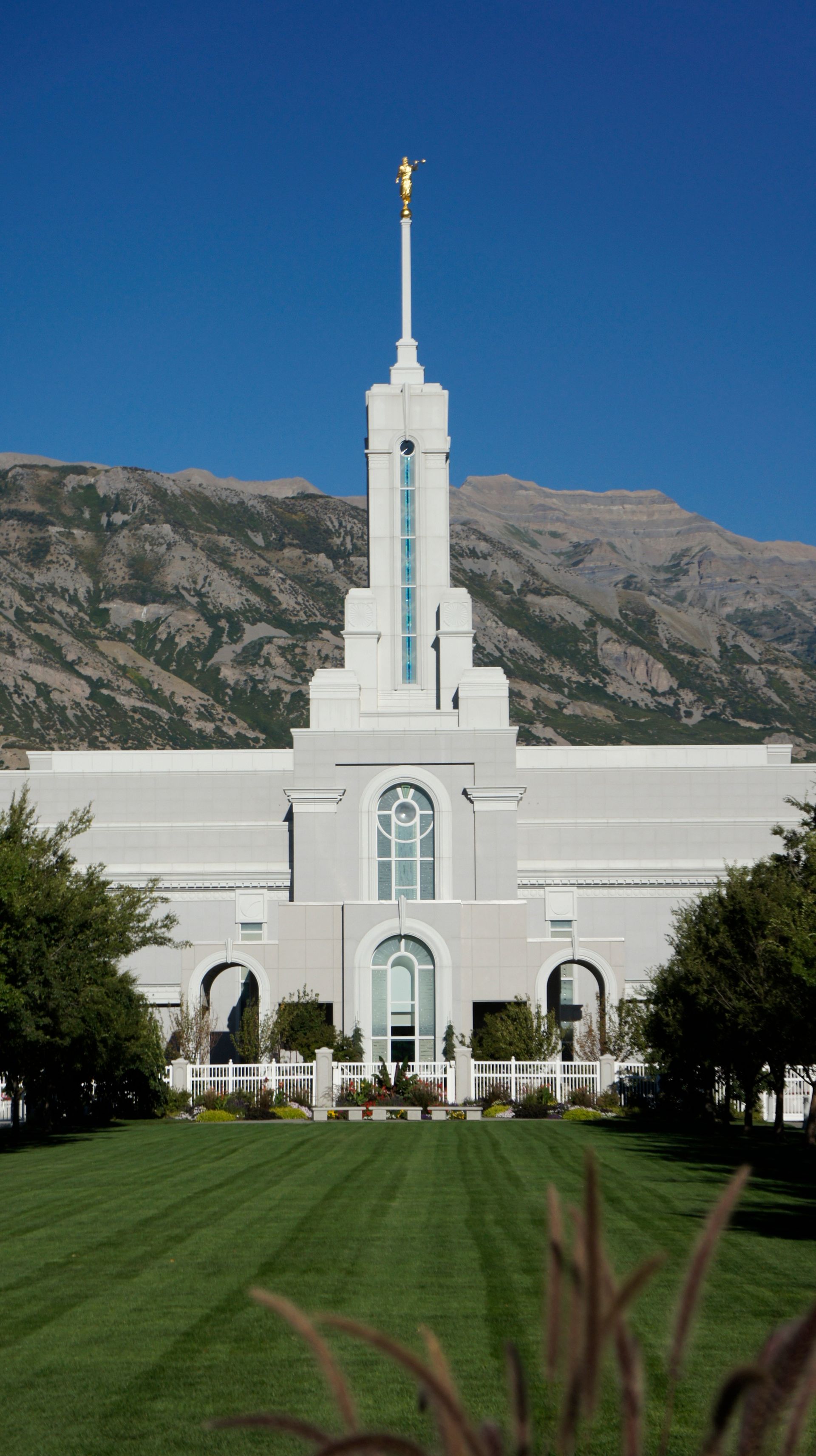 The Mount Timpanogos Utah Temple entrance, including scenery.