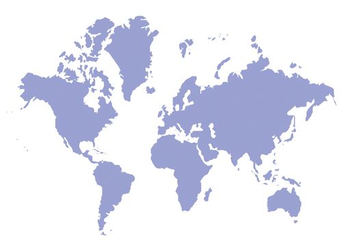 A light purple silhouette of a world map.