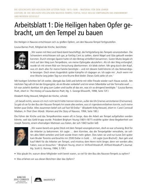 Arbeitsblatt 1: Die Heiligen haben Opfer gebracht, um den Tempel zu bauen