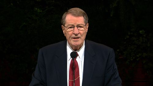 Elder Neal A. Maxwell speaking from the pulpit during the April  2001 General Conference (Sunday a.m. session).