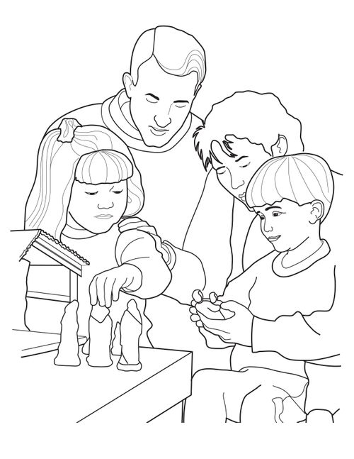An illustration of a mother and father kneeling by a table and putting up a Nativity scene with their son and daughter.