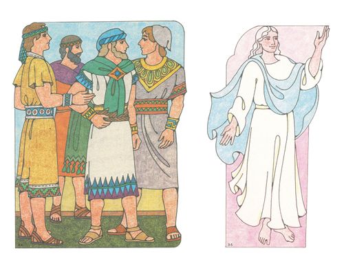 Primary cutouts of the four sons of Mosiah standing and looking at each other and an angel standing with an arm reaching upward.