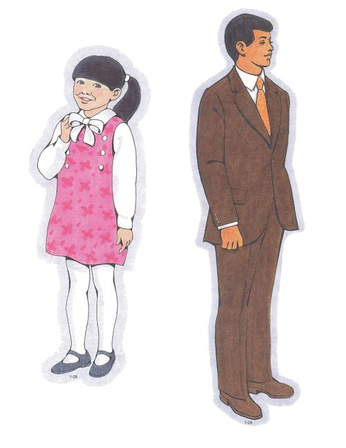 Primary cutouts of a young girl standing in a pink dress, white tights, and black shoes and a missionary-age young man standing in a brown suit and tie.