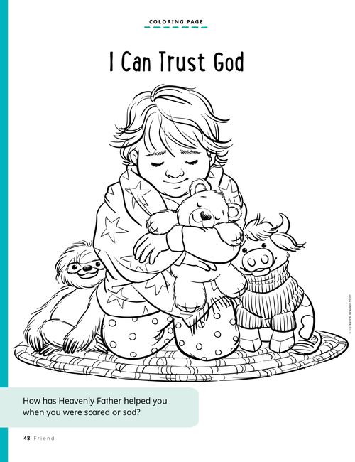 Coloring page PDF with image of a child praying, wrapped in a blanket with stuffed animals