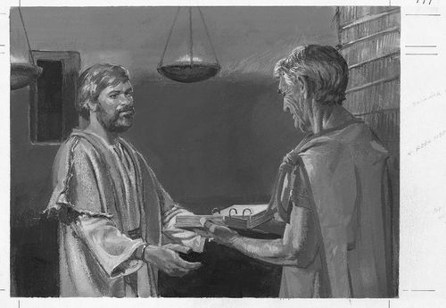 Nephi handing plates to Jacob