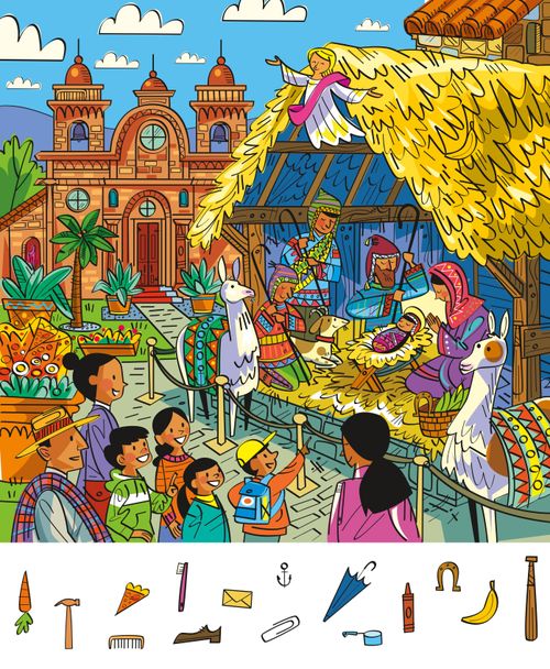 An illustration of a Christmas nativity scene in Peru. There are people looking at a live nativity in a town square. People are dressed in Peruvian clothing and there are lamas standing in place of camels.
