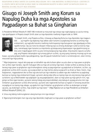 Handout: Gisugo ni Joseph Smith ang Korum sa Napulog Duha ka mga Apostoles sa Pagpadayon sa Buhat sa Gingharian