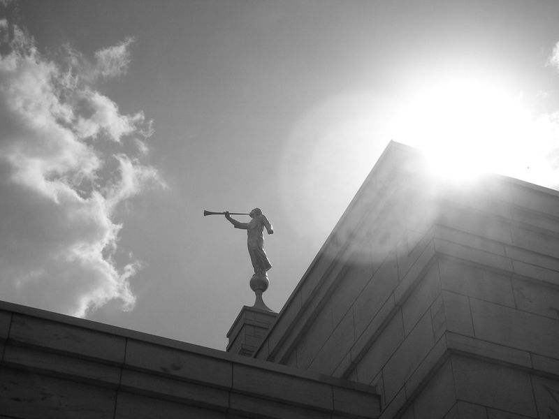 The angel Moroni stands tall on the spire of the Birmingham Alabama Temple.