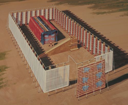 A depiction of the Israelite tabernacle in the wilderness.  The tabernacle is viewed from above.  The interior and exterior of the tabernacle are depicted.