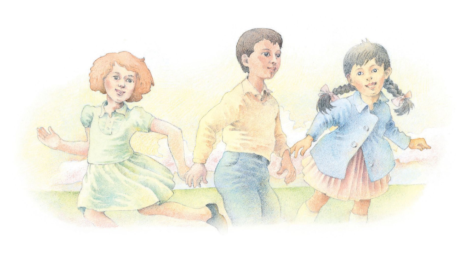 Three children run and play together. From the Children’s Songbook, page 255, “Come with Me to Primary”; watercolor illustration by Richard Hull.