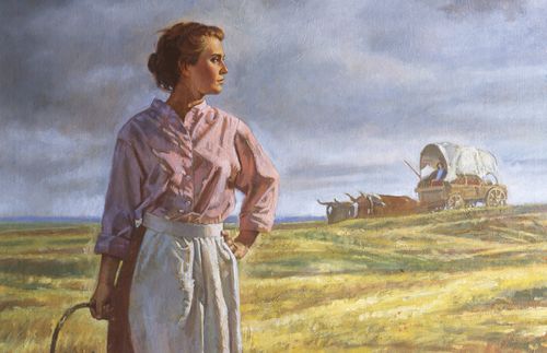 One oil painting.  Depiction of the pioneer trek in a positive happy manner.  "The prairies covered with lush grass and (many varieties of wildflowers) offered vistas of dramatic beauty."  A woman dressed in pink dress with white waist apron holing a basket of multicolored flowers.  She stands in a  lush landscape, in the background a covered wagon is pulled by two oxen.  A figure dressed in blue rides in the wagon.