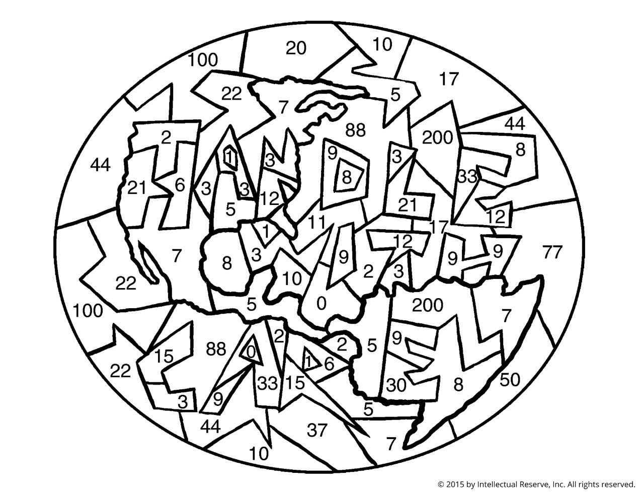 A puzzle with numbers on each piece, which, when colored, will create a word with a phrase written in the center.