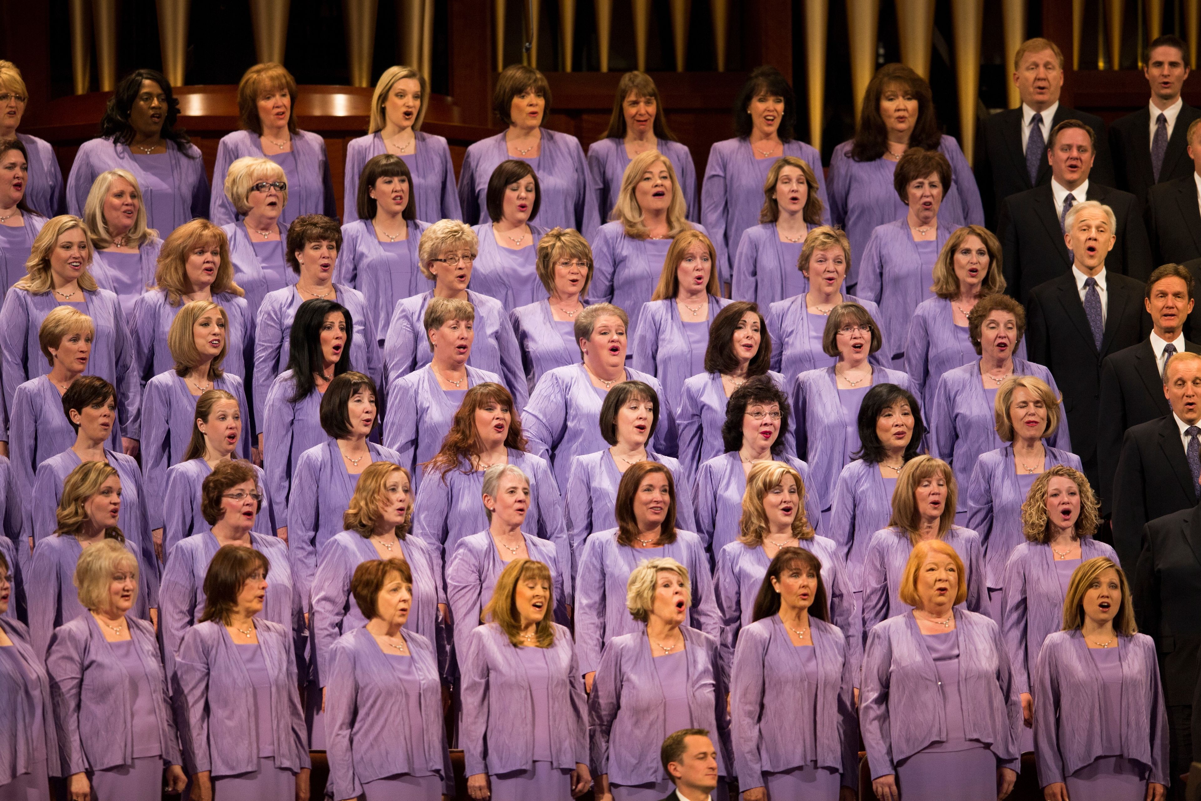 A section of women in the Mormon Tabernacle Choir singing during a session of the April 2013 general conference.  