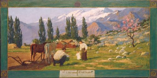 A painting showing a young family plowing in the spring.