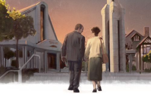 illustration for We Choose to Serve of a couple walking together toward some Church buildings.