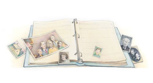 A watercolor illustration of a blue binder full of family history papers and a few historical photographs of a family.