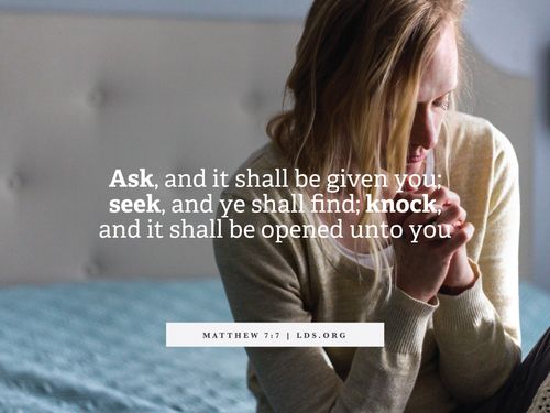 A photograph of a woman with blonde hair kneeling and praying, with the words of Matthew 7:7.