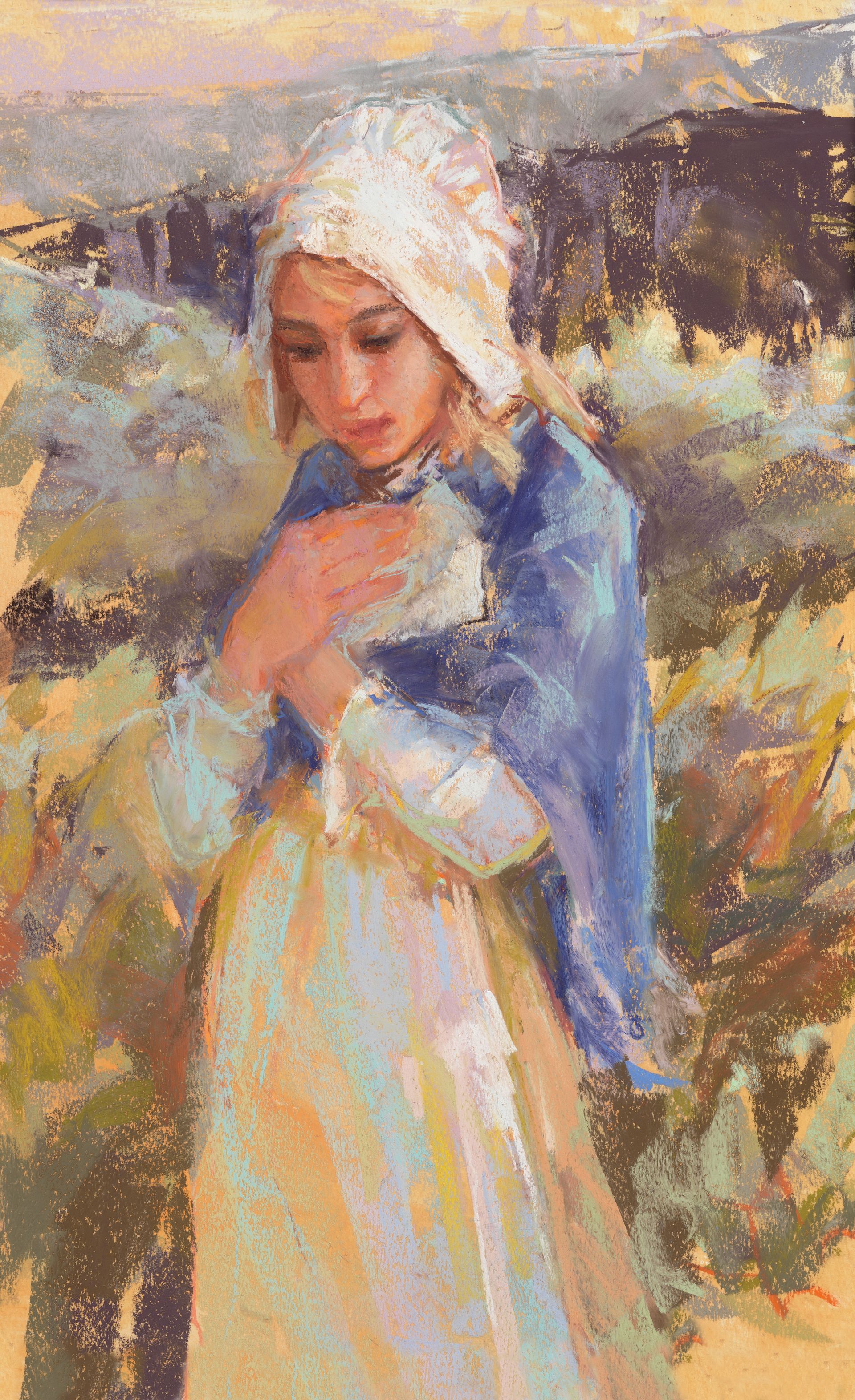 A painting of a pioneer girl by Julie Rogers.