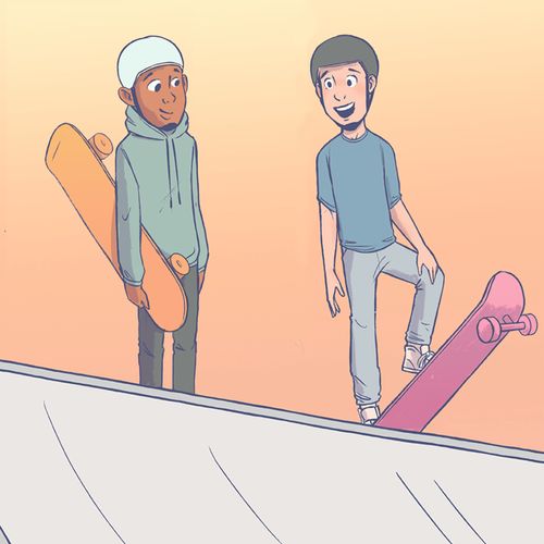 dalawang batang lalaking may mga skateboard