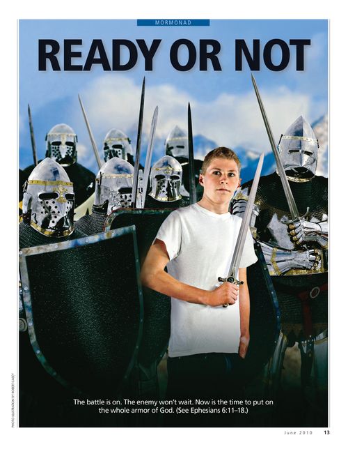 A conceptual photograph of a young man holding a sword surrounded by armored warriors, paired with the words “Ready or Not.”