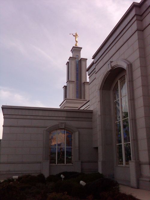 The windows on the San Antonio Texas Temple, with a view of the spire.