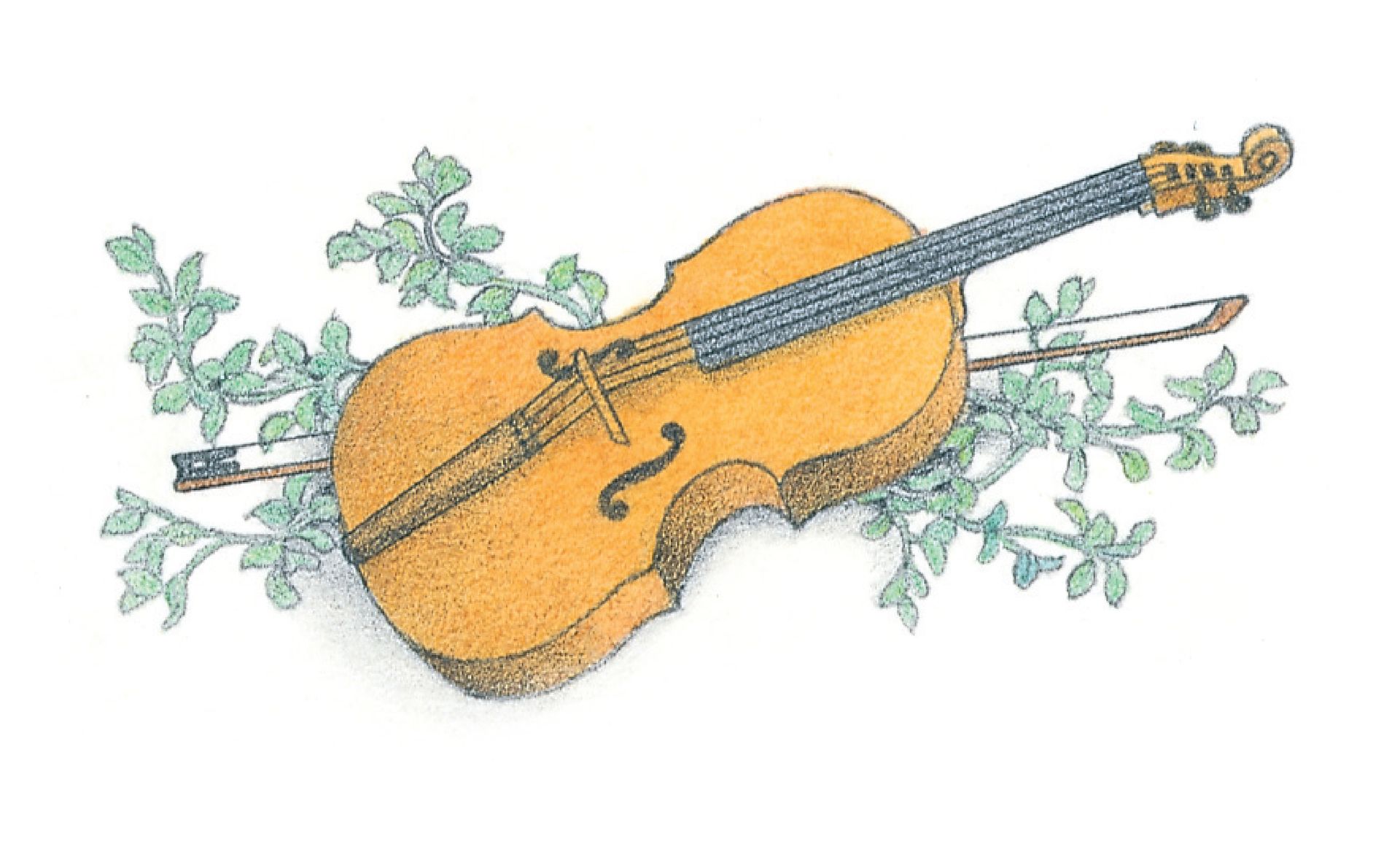 A violin and bow lying with a leafy branch. From the Children’s Songbook, page 222, “Whenever I Think about Pioneers”; watercolor illustration by Beth Whittaker.