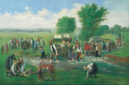 A painting by C. C. A. Christensen depicting a group of handcart pioneers crossing a shallow stream.