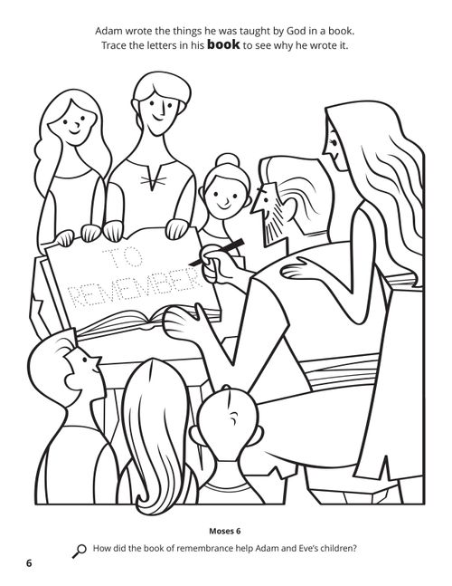 A line drawing of Adam writing in his book of remembrance surrounded by Eve and his children.