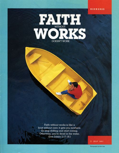 A conceptual photo of a boy in a yellow rowboat without oars, paired with the words “Faith without Works Doesn’t Work.”