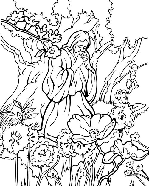 Coloring page of Jesus Christ praying in a garden