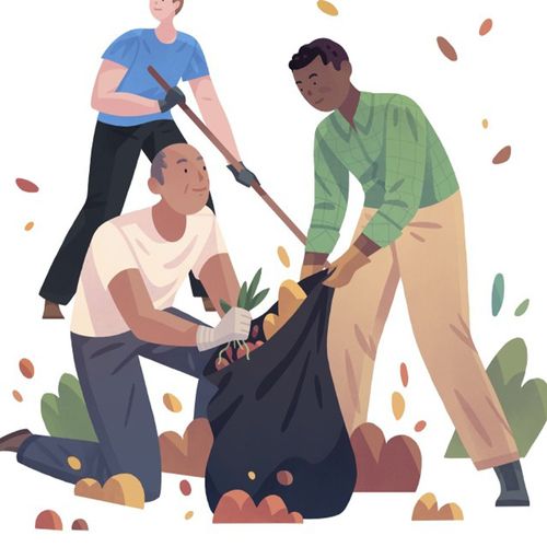 Members of the elders quorum providing service by raking and bagging leaves