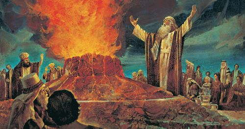 Elijah standing next to flaming altar