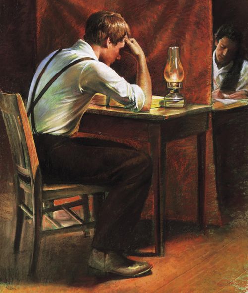 Joseph Smith, Jr. is depicted seated next to a desk, hunched over the Gold Plates, with his head resting on his hand, elbow bent and on desktop. There is a gas lamp on the desk and a partition separates him from Oliver Cowdery, who is partially obstructed from our view. He is also seated at a desk, writing on a piece of paper.