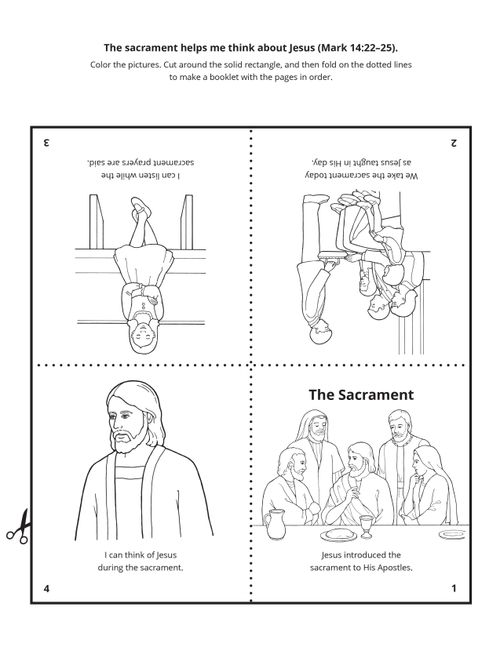 A black-and-white Primary illustration that creates a booklet about the sacrament.