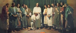 Christ with the twelve men chosen by Him to be His Apostles. Christ has His hands upon the head of one of the men (who kneels before Him) as He ordains the man to be an Apostle. The other eleven Apostles are standing to the left and right of Christ.