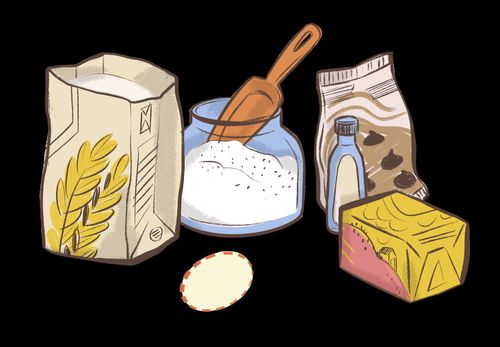 Various baking ingredients with the outline of a missing egg