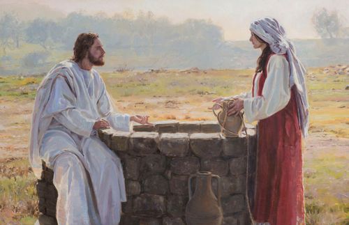Jesus sidder ved brønden sammen med en samaritansk kvinde