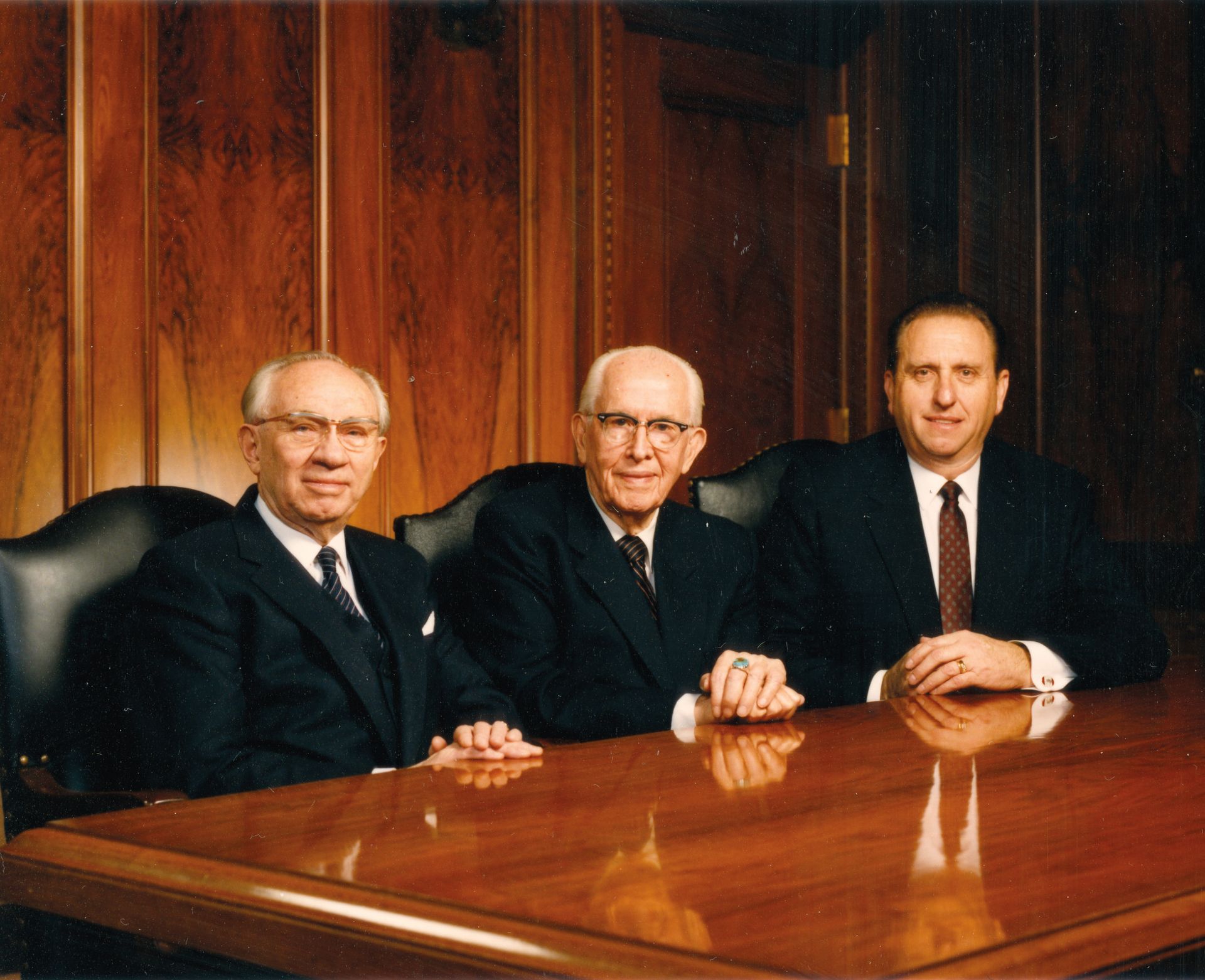 President Benson sitting by his counselors in the First Presidency, President Hinckley and President Monson. Teachings of Presidents of the Church: Ezra Taft Benson (2014), 31