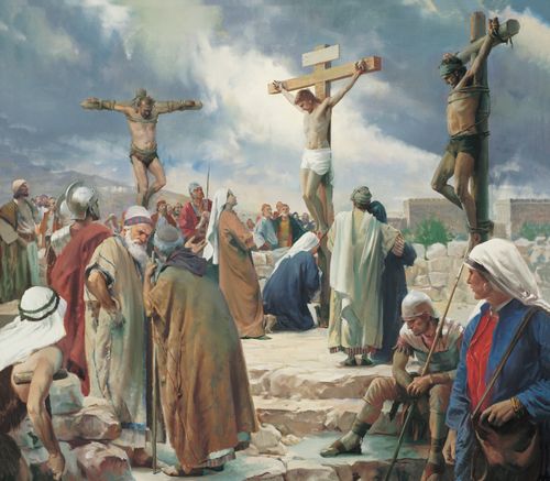 Christ hanging on a cross at Calvary. Two thieves, also hanging on crosses are at the left and right of Christ. Numerous observers, including Mary, the mother of Christ, Mary Magdalene, other mourners and Roman soldiers are gathered around the crosses. Thunder clouds are gathering in the sky.