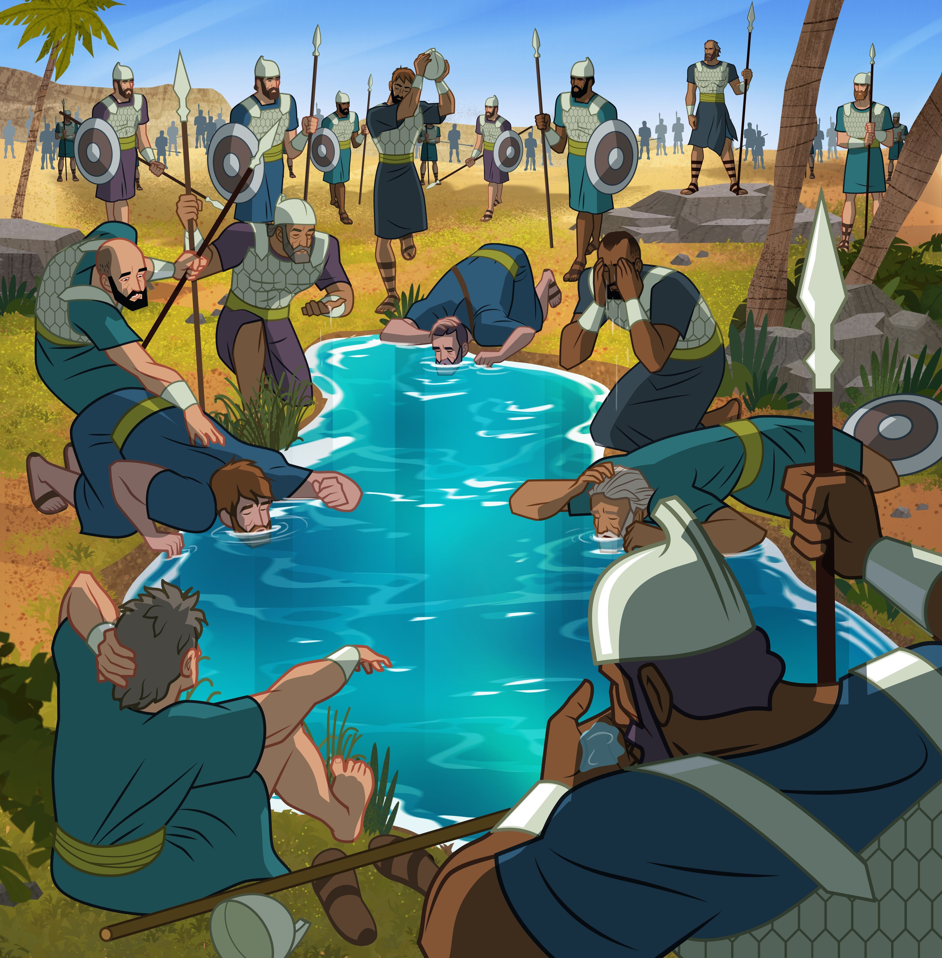 Illustration of soldiers drinking from water. Judges 7:4–7