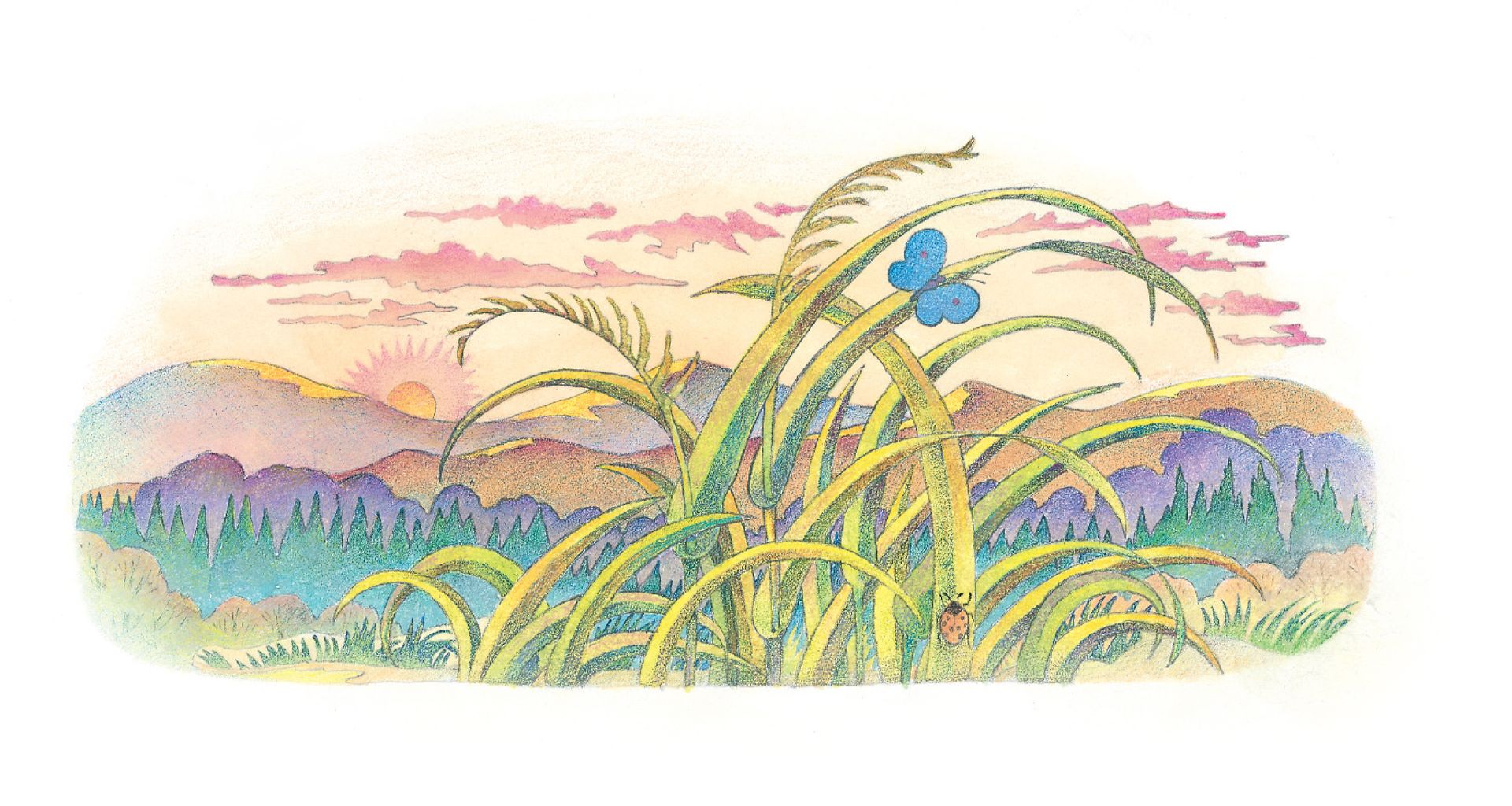 A small blue butterfly landing on a long blade of grass. From the Children’s Songbook, page 295, “O Rest in the Lord”; watercolor illustration by Richard Hull.