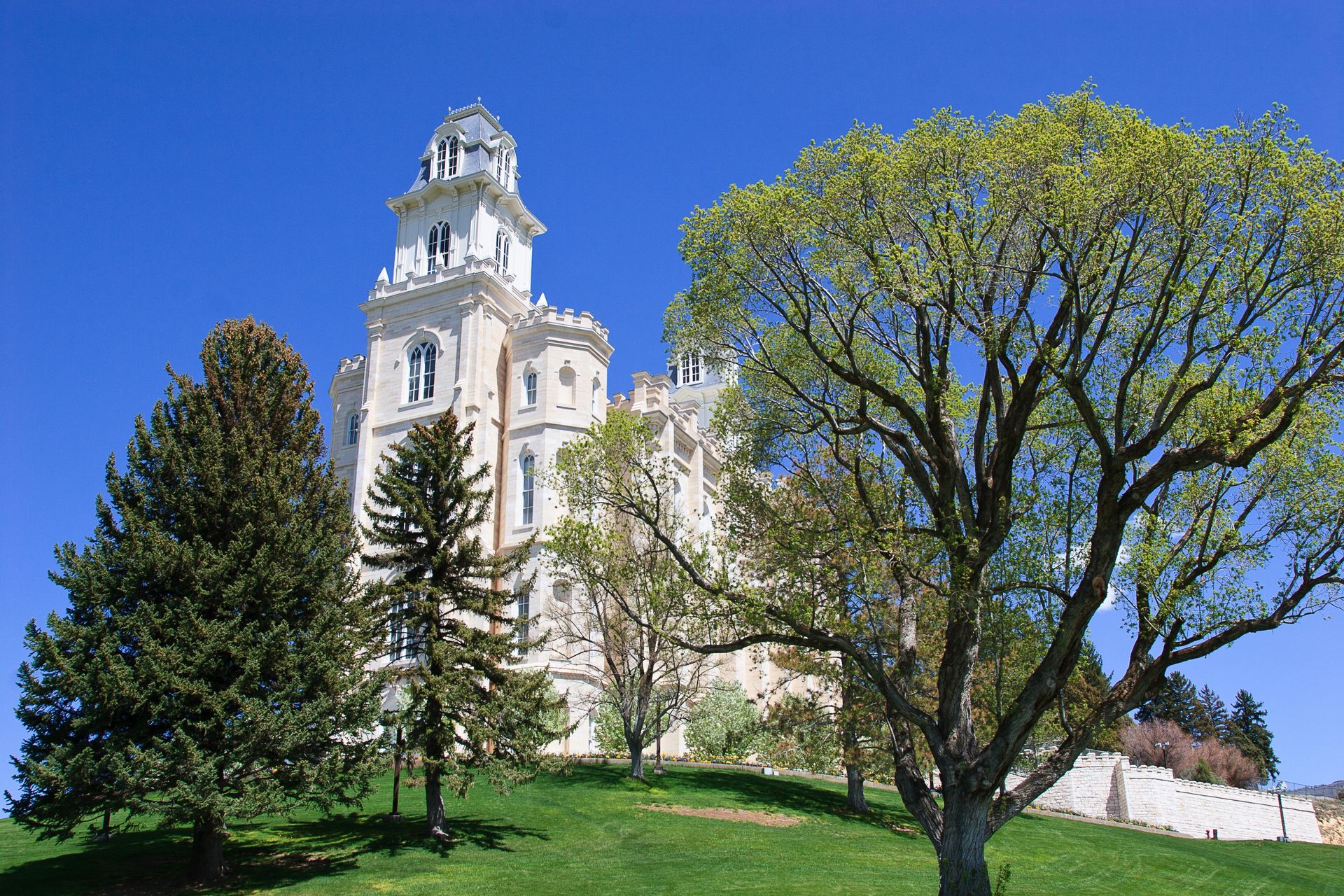 The Manti Utah Temple exterior, including the spire and scenery.  