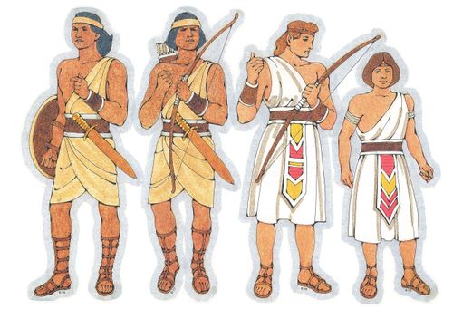 Primary cutouts of a Lamanite warrior holding a shield, a Lamanite warrior holding a bow and arrows, a Nephite holding a bow, and a young Nephite man.
