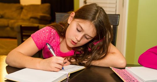 Primary-age girl writes in journal by hand.