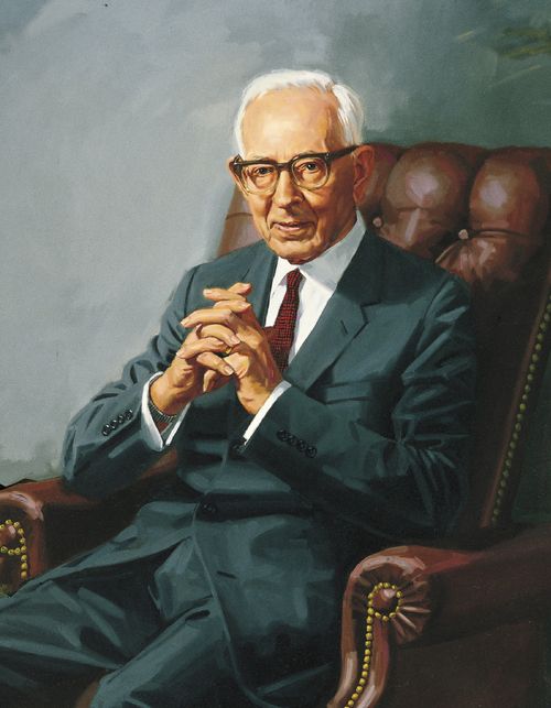 A painted portrait by Shauna Clinger of Joseph Fielding Smith in a blue suit and red tie, sitting in a leather chair.