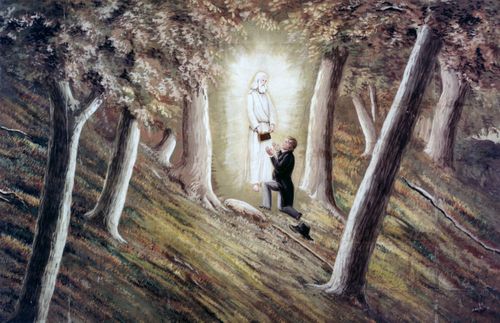 pintura de um anjo brilhante entregando as placas a Joseph Smith Jr. ajoelhado