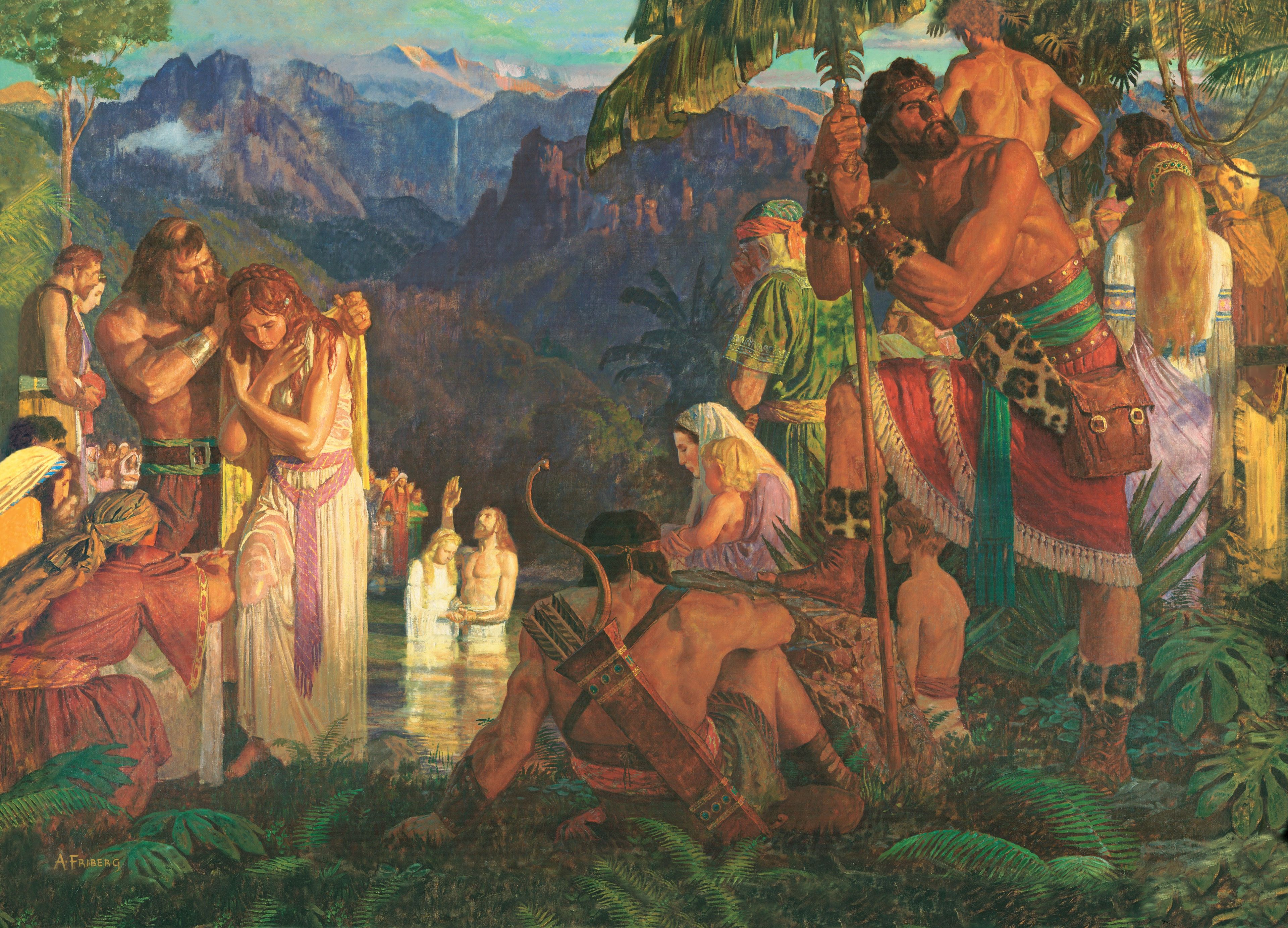 Alma Baptizes in the Waters of Mormon, by Arnold Friberg (62332); GAK 309; GAB 76; Primary manual 3-48; Primary manual 4-23; Mosiah 18:7–17